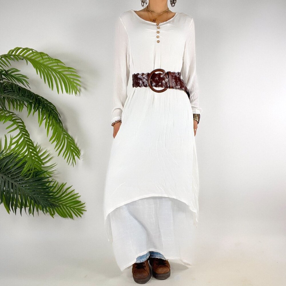 Hanyi Fushi White Beachy Boho Coastal Chic Long Sleeve Asymmetrical Dress / M